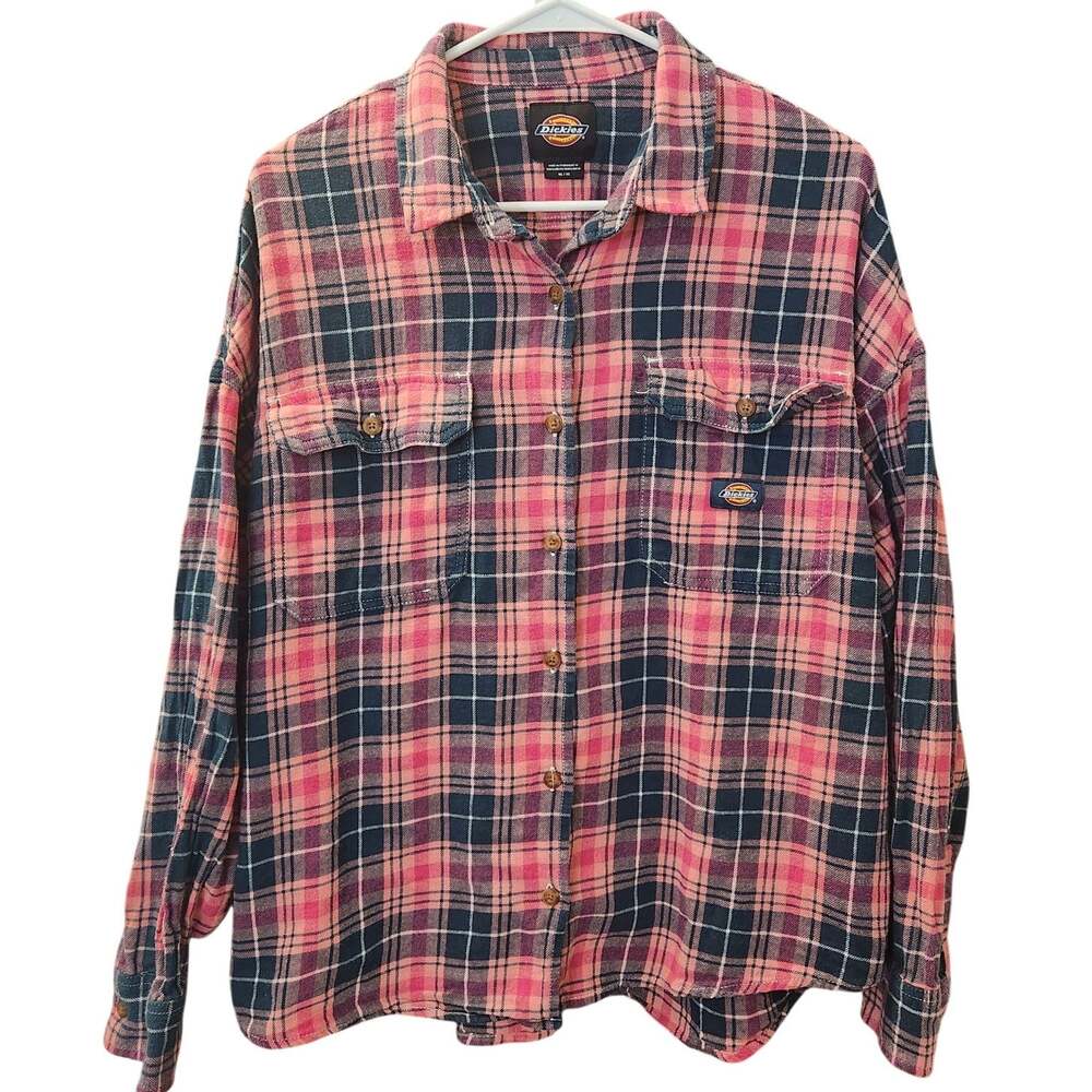 Dickies Size XL Womens Pink Navy Blue Plaid Flannel Button Down Shirt